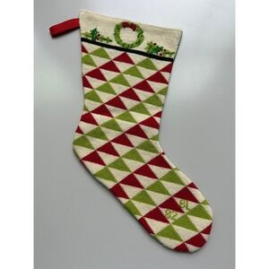 Handmade Needlepoint Christmas Stocking Holly Wreath Geometric Pattern